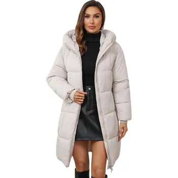 Dámská zimní bunda s kapucí s kožichem Teplá plyšová podšívka Zapínání na zip a knoflíky Kapsy Polyester a bavlna Stylová bunda do zimy béžova L