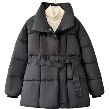 Dámská zimní bunda Zapínání na zip a patenty Límeček Tkanička v pase Polyester bavlna Teplý zimní kabát Elegantní pohodlná bunda na chladné období černá L