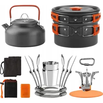 Kempingové nádobí KEMPINGOVÁ SADA NÁDOBÍ skládací hliníkové hrnce + plynový vařič