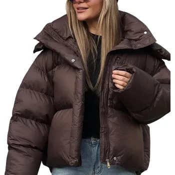 Dámská zimní bunda Zapínání na zip a patenty Kapuce Polyester bavlna Teplá zimní bunda s pohodlným střihm Stylový kabát na chladné zimní období hnědá L