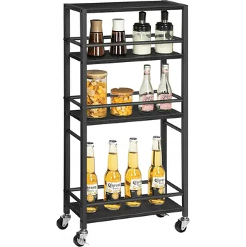 Servírovací stolek Servírovací vozík na kolečkách, vozík se 4 policemi, dřevo a kov