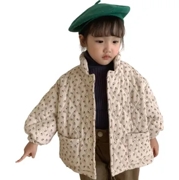 Dívčí zimní bunda Zapínání na knoflíky Kapsy Teplá bavlněná bunda s motivy kytek Hřejivý kabátek pro děti Stylová zimní dívčí bunda 12-18 měsíců