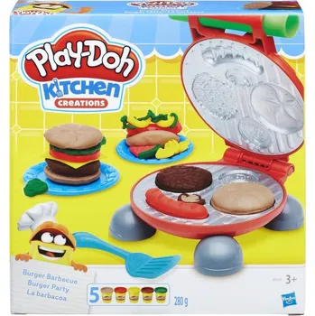 Modelovací hmota Play-Doh Kitchen Creations Burger Party – Sada s lisem a 5 kelímky modelovací hmoty