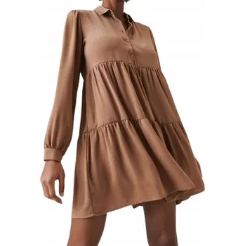 Dámské šaty HNĚDÉ ROZEVŘENÉ ŠATY S LÍMEČKEM A DLOUHÝM RUKÁVEM XXS