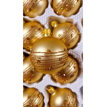 Vánoční dekorace Sada vánočních baněk se třpytivými linkami - Zlaté - 12 kusů