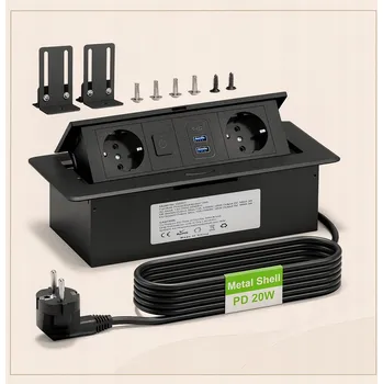 Elektrická zásuvka Výsuvná zásuvka HANNELORE USB-C PD20W s vypínačem, hliníková, černá