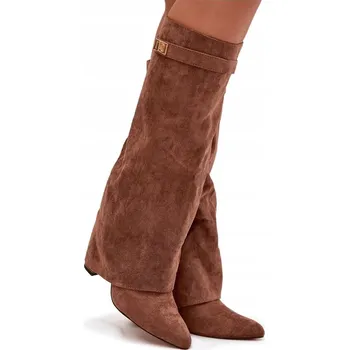 Dámské kozačky Kozačky Eko semišové podpatek sloupek na zip vyhřívané vytočená lýtka tmavě béžové Evyra 37