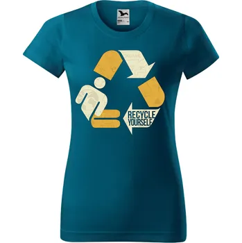 Dámské tričko levne-damske-bavlnene-tricko-potisk-recykluj-sebe Velikost dámská trička Basic: XL šířka 56, délka 67, Odstín dámské tričko Basic: Petrolejové