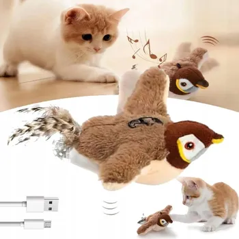 Hračka pro kočku INTERAKTIVNÍ HRAČKA PRO KOČKY PLYŠOVÝ PTÁK POHYBLIVÝ PTÁČEK USB