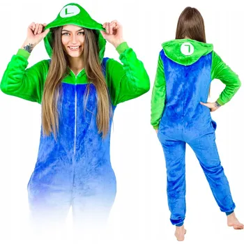 Karnevalový kostým Pánské pyžamo Luigi Mario kigurumi overal kombinéza kostým pro dospělé M