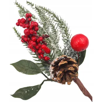 umělá květina Umělá větvička vánočního stromku zasněžená s šiškou a jeřabinou 31 cm - 1 kus