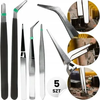 Kosmetická pinzeta Precizní MODELÁŘSKÁ pinzeta KOVOVÁ Sada 5 ks ROVNÁ ZAHNUTÁ