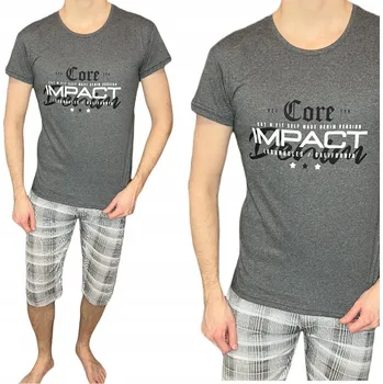 Pánské pyžamo Pánské pyžamo krátký rukáv grafit melír, kostkované kalhoty impact L