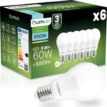Žárovka 6x LED žárovka E27 A60 8W = 80W 806lm 6500K Studená bílá 260° Bez blikání LUMILED