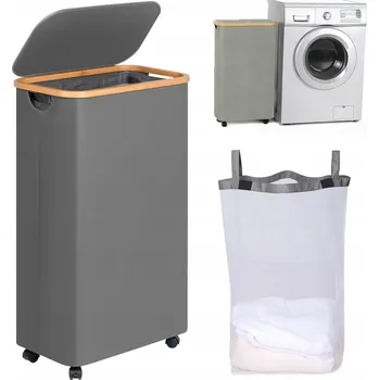 Koš na prádlo Úzký koš na prádlo s víkem a uchy pro přenášení, s kolečky, šedý, 75 l