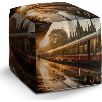 Taburet Sablio Taburet Cube Vlak na nádraží při východu slunce: 40x40x40 cm