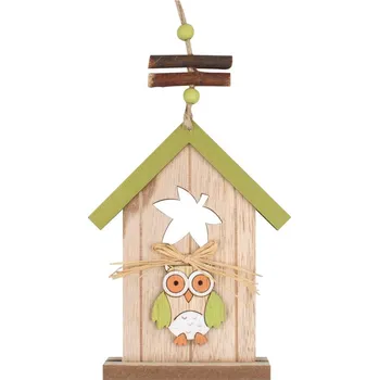 Vánoční dekorace Dřevěná budka na zavěšení zelená - Se sovičkou