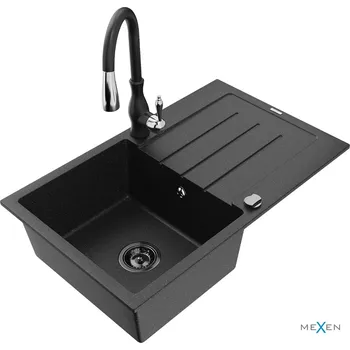 Granitový dřez MEXEN/S - Bruno granitový dřez 1 s odkapávačem včetně baterie Savita, černá/stříbrná 6513-73-672601-70-B