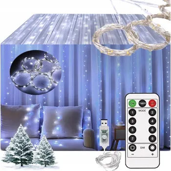 Vánoční dekorace SVĚTELNÝ ZÁVĚS 200 LED STUDENÁ BÍLÁ 3x2 USB VÁNOČNÍ GIRLANDA NA STROMEČEK S DÁLKOVÝM OVLÁDÁNÍM