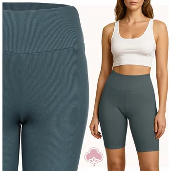 Dámské legíny Žebrované cyklistické legíny bavlněné 1/2 s vysokým pasem, velikost M