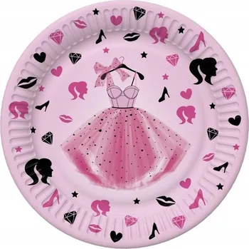 Talíř Papírové talířky Růžová Šaty Princezna Dáma Party 18 cm 8ks
