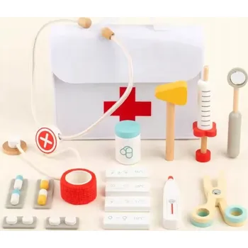 Dřevěná hračka Dřevěná lékařská sada pro děti – hra na doktora ve stylu Montessori