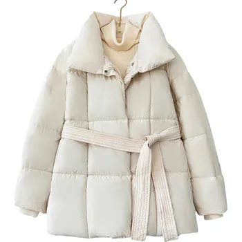 Dámská bunda Dámská zimní bunda Zapínání na zip a patenty Límeček Tkanička v pase Polyester bavlna Teplý zimní kabát Elegantní pohodlná bunda na chladné období béžova XXL