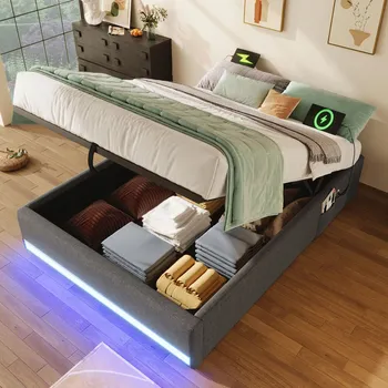 Postel Čalouněná postel 90x200 Jednolůžková postel LED Hydraulická USB Typ C šedá