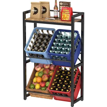 Úložný box KOVOVÝ REGÁL NA PŘEPRAVKY S NÁPOJI PRO 4 PŘEPRAVKY S POLICÍ, RUSTIKÁLNÍ HNĚDÁ