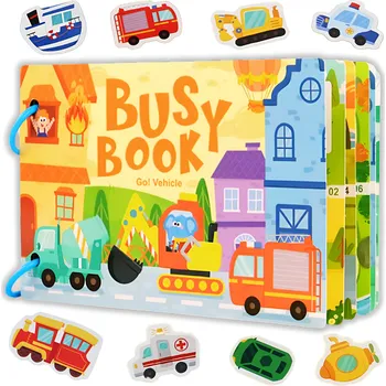 Hračka pro nejmenší SENZORICKÁ KNÍŽKA PRO DĚTI MONTESSORI VZDĚLÁVACÍ BUSY BOOK POJAZDY