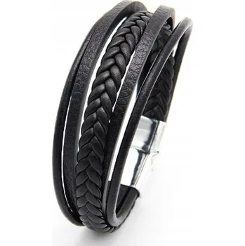 Náramek Vícevrstvý kožený náramek s magnetickým zapínáním stříbro 23 cm
