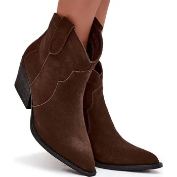 Dámská zimní obuv KOTNÍKOVÉ BOTY Z PŘÍRODNÍHO SEMIŠE KOVBOJSKÉ BOTY ZATEPLENÉ ČOKOLÁDOVÉ 41