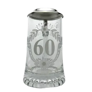 Sklenice Skleněný korbel s cínovým víčkem k 60. narozeninám 400 ml