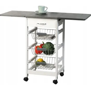 Servírovací stolek Kuchyňský bar s ROZKLÁDACÍ DESKOU bílý VOZÍK na kolečkách police + košíky