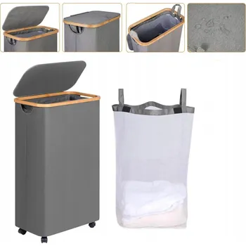 Koš na prádlo ÚZKÝ VELKÝ KOŠ NA PRÁDLO/HRAČKY S VÍKEM, kolečky 75l + VYJÍMATELNÁ TAŠKA
