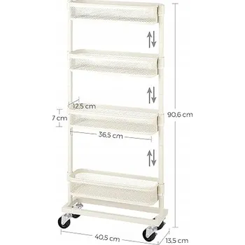 regál MOBILNÍ REGÁL SKŘÍŇKA SE 4 POLICEMI, ÚZKÝ KUCHYŇSKÝ VOZÍK NA KOLEČKÁCH SONGMICS