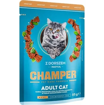 Krmivo pro kočku Champer kuře s treskou a bazalkou kapsička pro kočky 85g