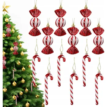 Vánoční dekorace VÁNOČNÍ BAŇKY VÁNOČNÍ PŘÍVĚSKY VÁNOČNÍ TVARY BONBÓNY ČERVENÉ 18KS