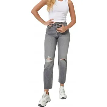 Dámské džíny ŠEDÉ BAVLNĚNÉ DŽÍNY S DÍRAMI, KAPSY, VYSOKÝ PAS, VELIKOST 40