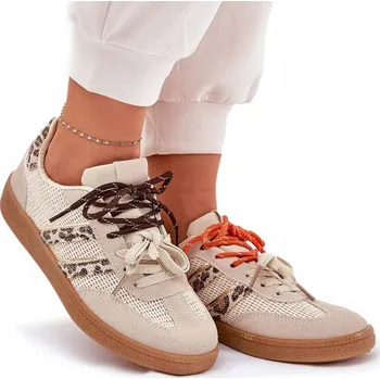 Dámské tenisky DÁMSKÉ TENISKY S PANTERKOU DVOJITÉ ŠNĚROVÁNÍ BÉŽOVÉ 38