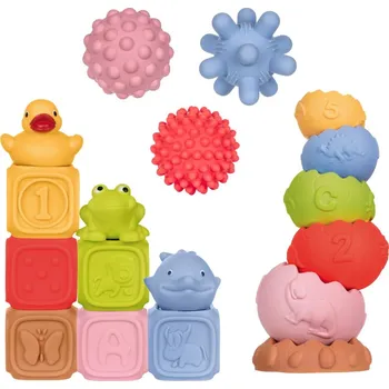 Tullo plastové kostky senzorické, pyramida, míčky senzorické, zvířátka – vzdělávací sada Montessori 18 ks