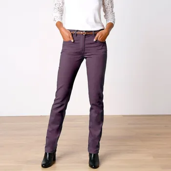 Rovné zeštíhlující kalhoty, menší postava švestková 38