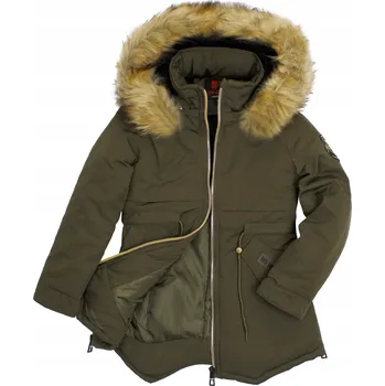 Khaki zelená parka, teplá bunda s kožešina, vypasovaná, velikost 140