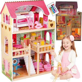Domeček pro panenku VELKÝ Dřevěný domeček pro panenky LED s nábytkem 3 PATRA SADA XXL
