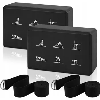 podložka na cvičení BLOKY NA JÓGU SADA 2 BLOKŮ + POPRUH PROTI SKLUZU ČERNÉ 23×15×7,6 CM