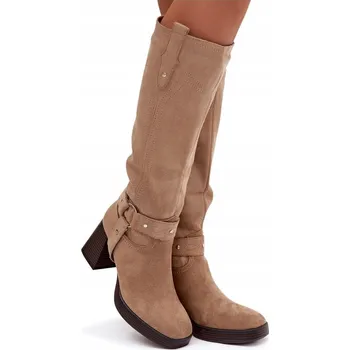 Dámské kozačky Dámské zateplené kozačky na zip, eko semišové, prošívané, béžové, velikost 39