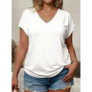 Dámské tričko SHEIN BÍLÉ HLADKÉ TRIČKO S VÝSTŘIHEM DO V (1XL)