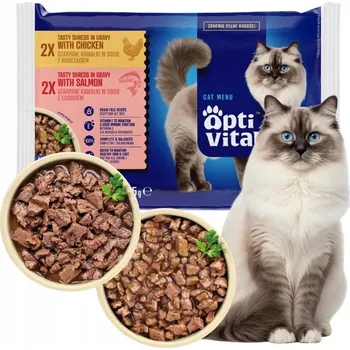 Krmivo pro kočku MOKRÉ KRMIVO PRO KOČKY OPTIVITAL KAPSIČKY KOUSKY KUŘETE LOSOS MIX 4X85G