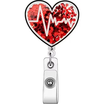 Shanghai Longpin Information Technology Co., Ltd Visačka na ID kartu Srdce s EKG a třpytkami pro lékaře, zdravotní sestry či studenty medicíny