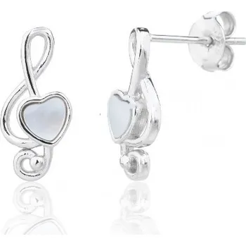 Náušnice JK Silver Stříbrné náušnice houslový klíč s perlěťovým srdcem – Nacre